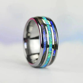 Fashion 8Mm Rose Gold Color Tungsten Wedding rings Men Stainless Steel Rings Inlay Abalone Shell Blue Opal Rings Men Wedding Jewelry