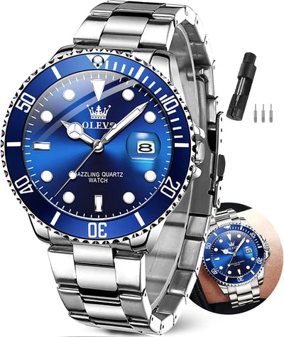 Watches Men Waterproof Luxury Big Face Mens Watch Stainless Steel Day Date Quartz Analog Dress Watches for Men Luminous Relojes De Hombre (Green/Blue/Black/Gold)
