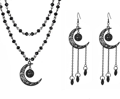 Gothic Cross Necklace, Earrings, Moon Earrings, Black Cross Pendant Choker, Crystal Chain Halloween Jewelry Set for Woman