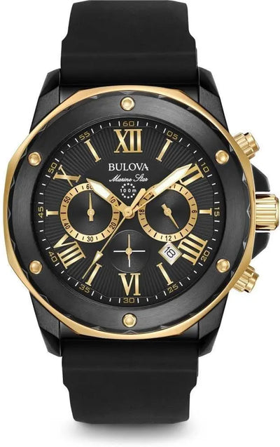 Men'S Marine Star Series a Black and Rose Gold Ion-Plated Stainless Steel 6-Hand Chronograph Quartz Watch, Black Silicone Strap Style: 98B278