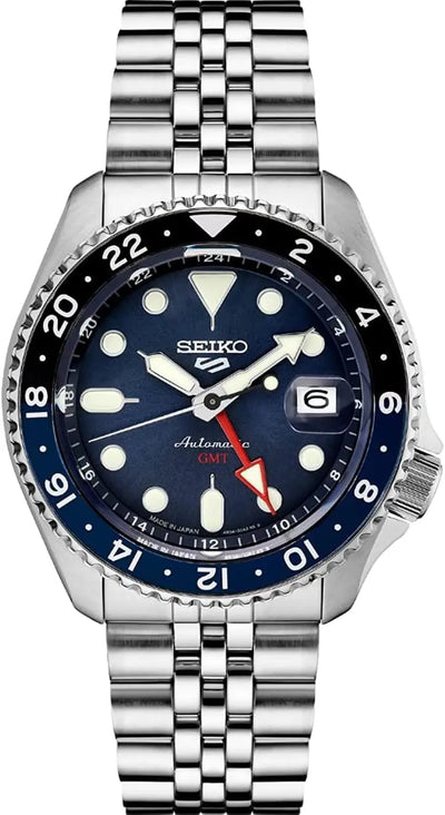 SSK003 Automatic Watch for Men - 5 -Sports - Blue Dial with Date Calendar and Luminous Hands & Markers and Black & Blue GMT Bezel, 100M Water-Resistant