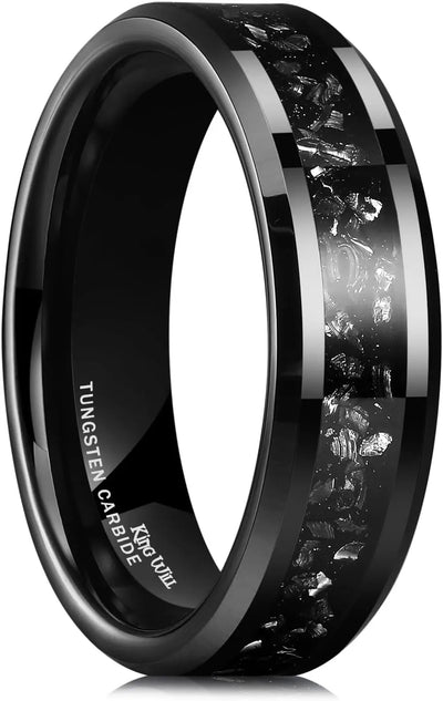 Mens Tungsten Wedding Bands Meteorite Inlay 6Mm 8Mm High Polished Engagement Ring for Couples Promise Ring for Women Comfort Fit