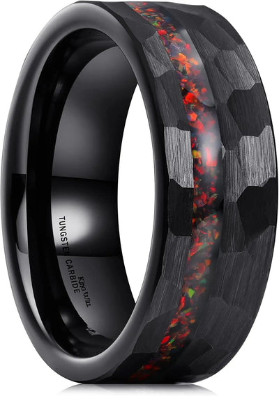 8Mm Tungsten Carbide Opal Rings for Men Black Wedding Band Blue Opal Inlay Brushed Hammered Promise Rings Comfort Fit Size 7-14
